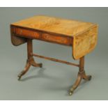 A George III style mahogany sofa table, with satinwood banded edge,