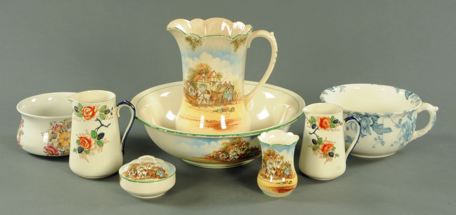 A Falcon Ware wash jug and bowl set, each with printed coaching scene decoration,