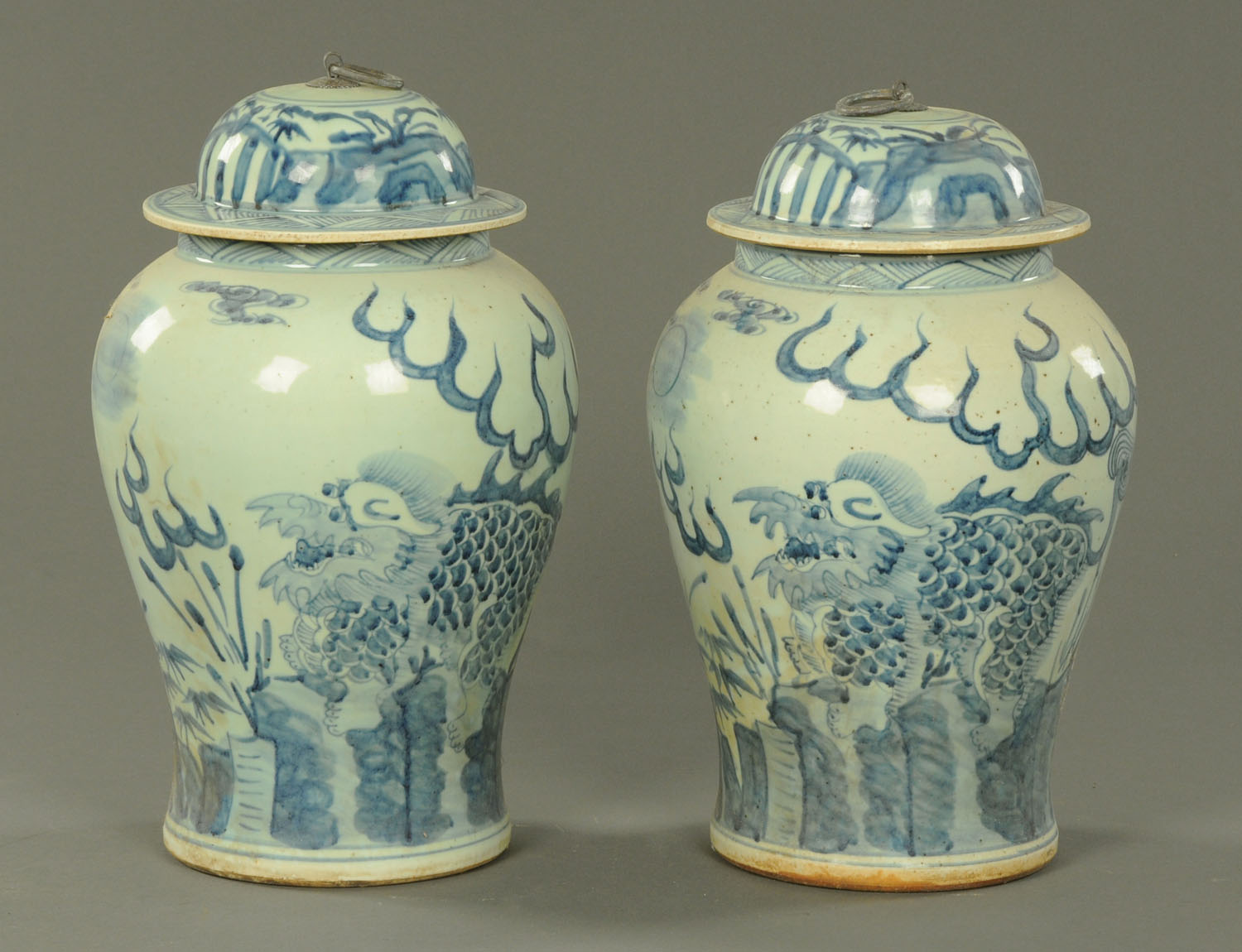 A pair of Chinese blue and white Meiping and covers, 20th century, decorated with Kylin. - Image 2 of 2