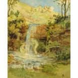 An early 20th century watercolour, children playing by waterfall.