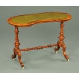 A Victorian inlaid walnut kidney shaped stretcher table, with green tooled leather writing surface,
