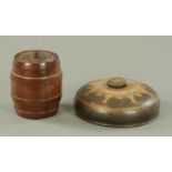 A turned wooden lidded barrel, with detachable lid, height 17 cm, and an Eastern wooden container,