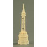 A carved ivory desk thermometer, late 19th century, of spire form,