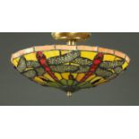 A Tiffany style leaded glass ceiling light, late 20th century, dragonfly pattern. Diameter 38 cm.