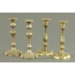 Two pairs of silver plated candlesticks, late 19th century,