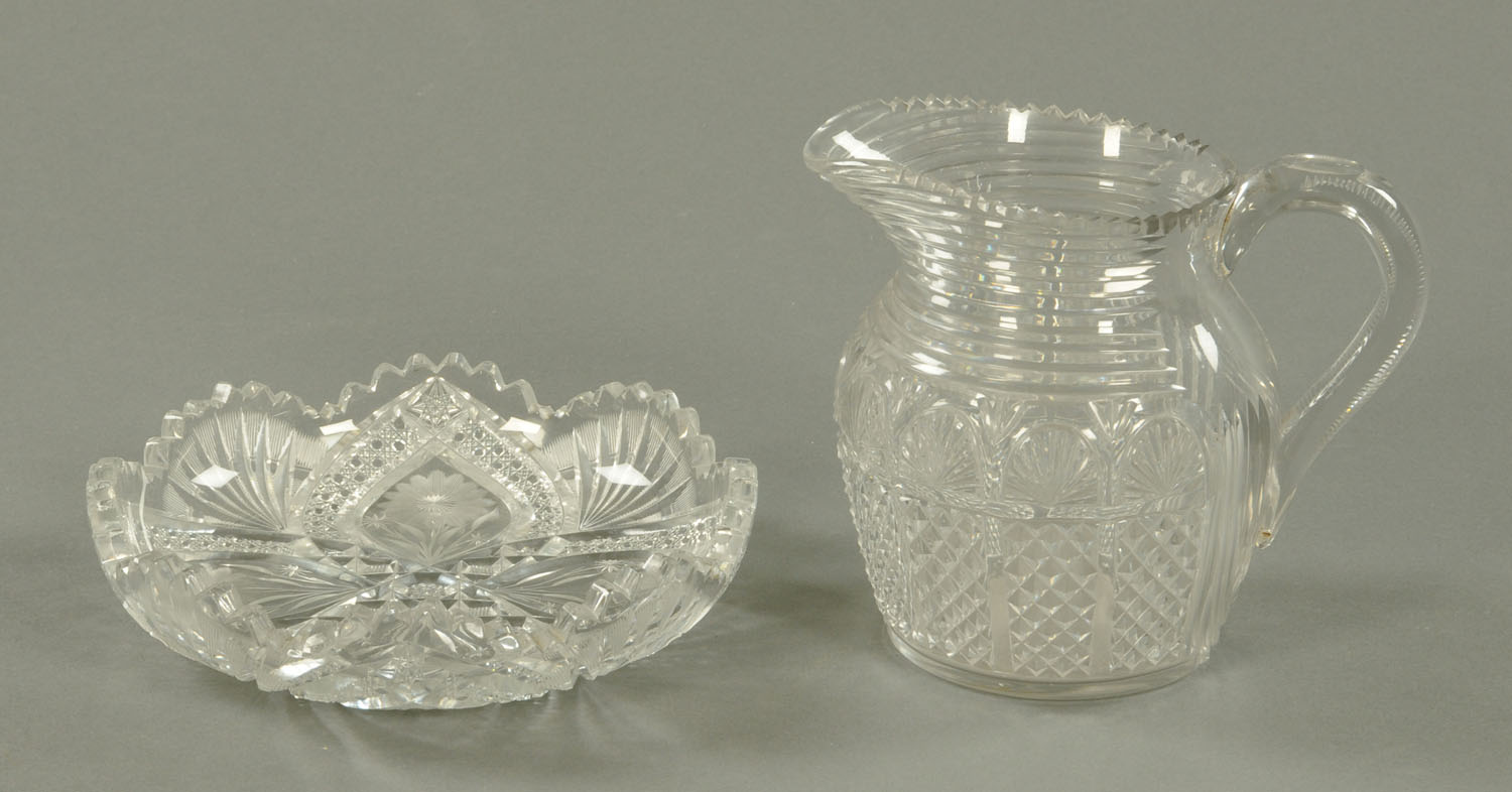 A 19th century cut glass water jug, and a later bowl.