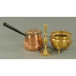 A Victorian copper lidded pan, jardiniere and candlestick. Largest diameter 23 cm.