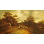 A 19th century oil painting on canvas, rural scene at evening.