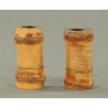 A pair of Chinese bamboo silver mounted spill holders. Height 7.5 cm.