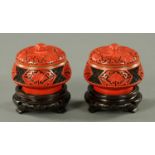 A pair of Chinese cinnabar lacquer bowls and covers, circa 1970,