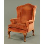 A Queen Anne style walnut wing easy chair,