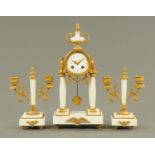 A French Carrara marble gilt metal mounted clock garniture,