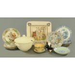 A quantity of decorative plates, a Leeds style tureen and cover and an Italian tin glazed charger.