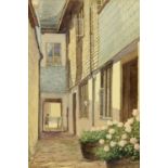 Terence H Lambert, two watercolours, cottage and alleyway, largest 29 cm x 37 cm,