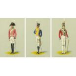 Three watercolours, Officers in uniform. Each 34 cm x 22 cm, framed, signed with initials.