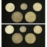 A George III crown, 1819, a George IV shilling, 1826, a George VI half crown, 1942,