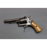 A Belgian Pinfire revolver with a 3" hexagonal barrel, six shot cylinder folding trigger,