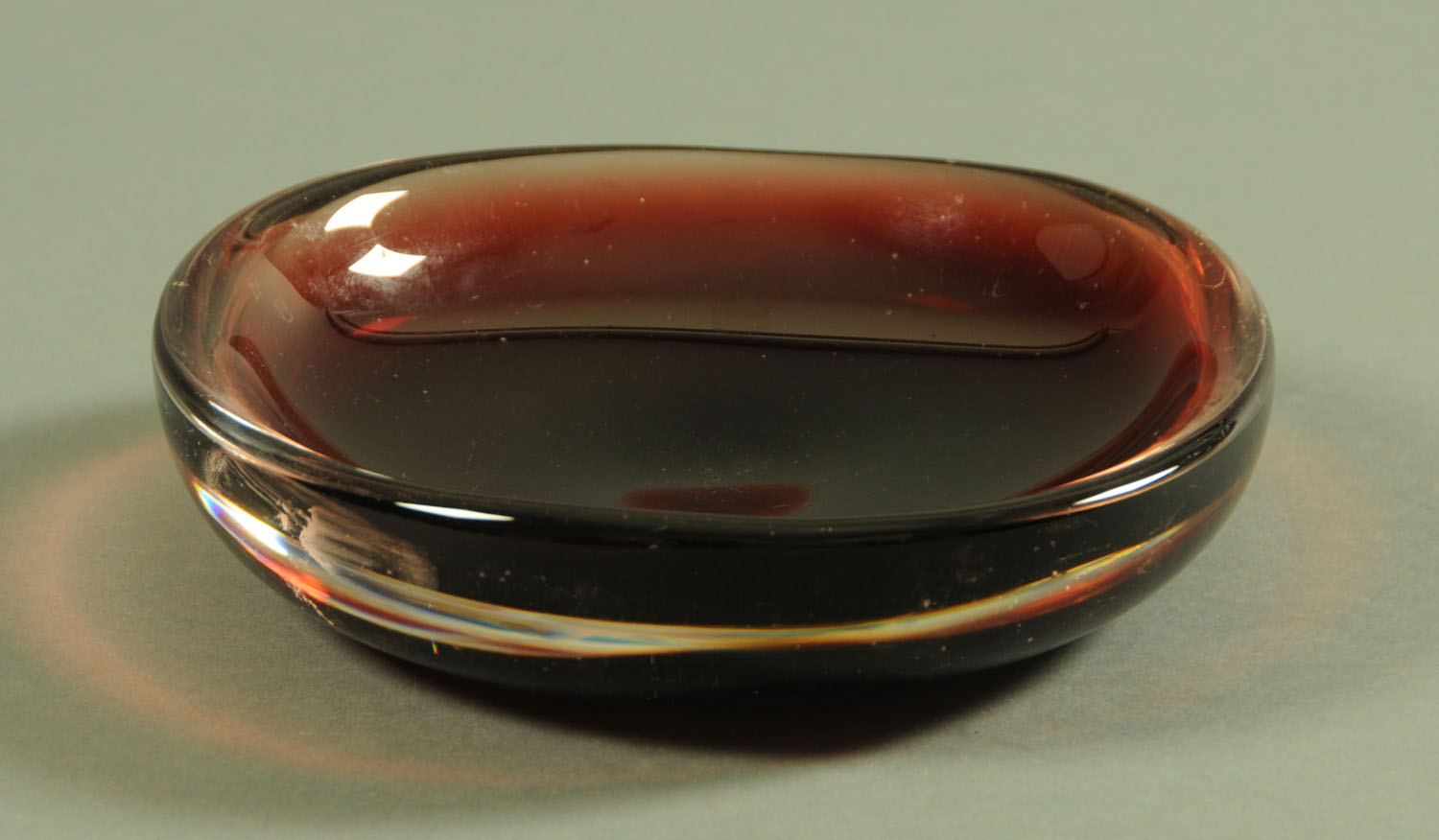 Sven Palmquist for Orrefors, a red "Selena" dish, mid 20th century, engraved marks "Orrefors,