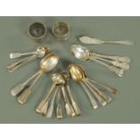 Silver spoons, comprising eleven teaspoons, eight mustard spoons,