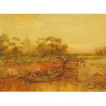 John Terris RSW (1865-1914), watercolour "Barge Approaching a Canal Lock", 43 cm x 58 cm, framed,