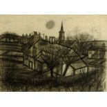 Percy Kelly (1918-1993), charcoal, Cumbrian village, 53 cm x 73 cm, framed,