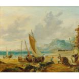 Peter Morgan, oil on board, coastal scene with beached vessels and figures. 24 cm x 29 cm, framed.