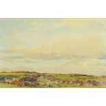 Len Roope (1917-2005), a watercolour, panoramic landscape with rural villages, 22 cm x 32 cm,