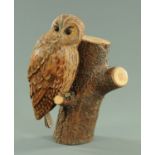 A carved and painted wood model of an owl, by Stewart Males,