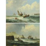 A pair of oil paintings, maritime scenes. 32 cm x 47 cm, each in gilt frame.