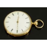 An early 19th century French gold coloured pocket watch, believed to be 18 ct gold cased, key wind,