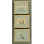 Three framed watercolours, sailing vessels, each 16 cm x 23 cm, framed.