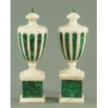 A pair of white marble and malachite vases, each with malachite finial on a turned knop,