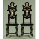 A pair of late 19th/early 20th century bone inlaid hall chairs,