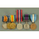 Military medals comprising Great War George V war medal, awarded to 77696 Pte. J.H. Jones. L'Pool.
