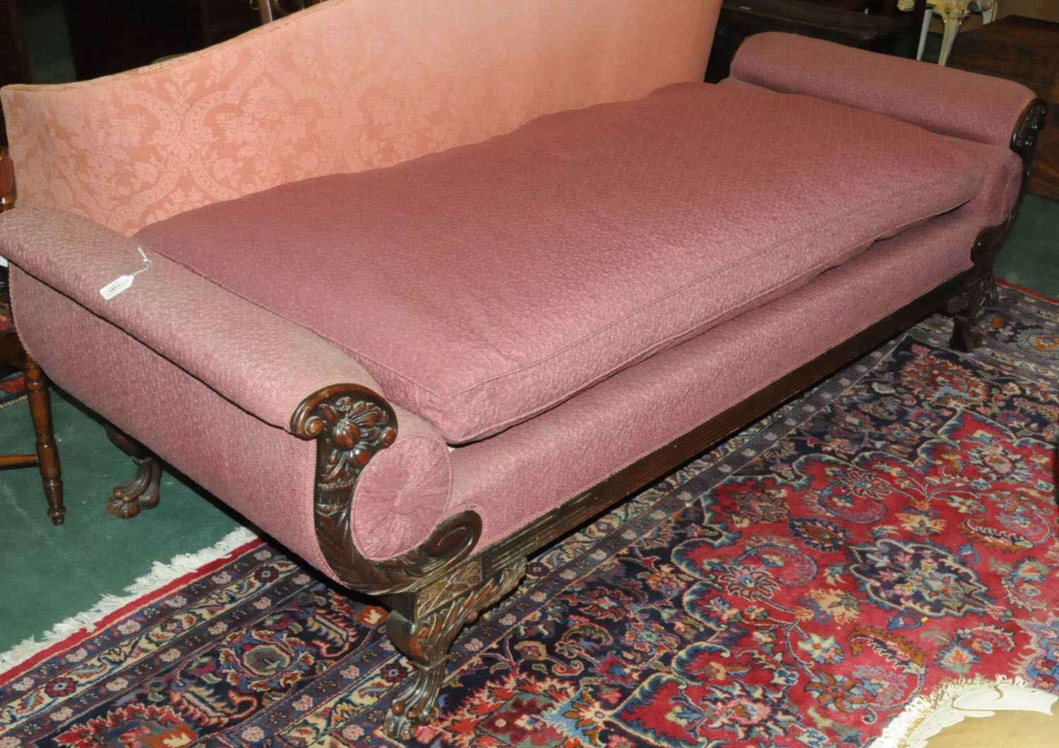 A 19th century mahogany daybed, with exposed cornucopia and foliate carved moulded showframe, - Image 2 of 12
