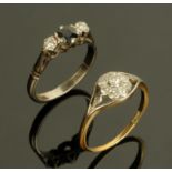 An 18 ct white gold sapphire and diamond ring, size M/N, and an 18 ct gold cluster ring, size N/O.