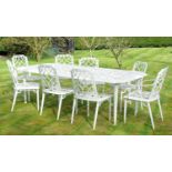 A white painted metal garden table and eight chairs, 2 arm and 6 single,.