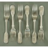 Six silver Fiddle pattern dessert forks, Elizabeth Eaton, London 1854, each initialled W, 294 grams.