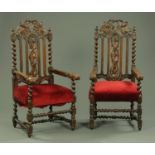 A pair of Victorian carved oak armchairs, late 19th century,