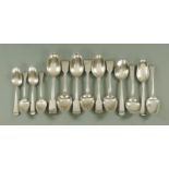 Georgian silver flatware, comprising a near set of six fiddle pattern tablespoons,