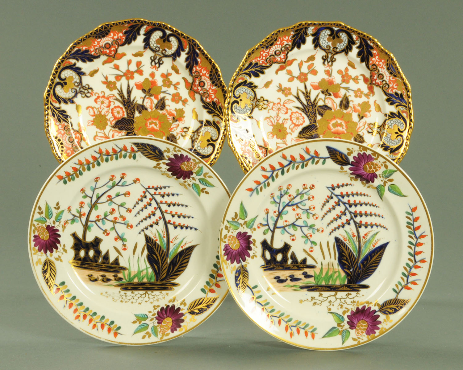 Two pairs of Derby porcelain Imari plates, King Street and early Osmaston Road marks, 25 cm and 22.