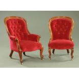 A pair of Victorian ladies and gentleman's chairs,