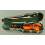 A Chinese 1/8 size violin, together with a 48.5 cm Korean bow, all within a Chinese hard shell case.