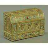 A Victorian embossed brass stationery casket, with fitted interior. Width 21.5 cm.