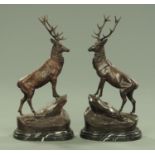 After J Moignier, a pair of bronze stags, each raised on an oval marble base, height 75 cm,