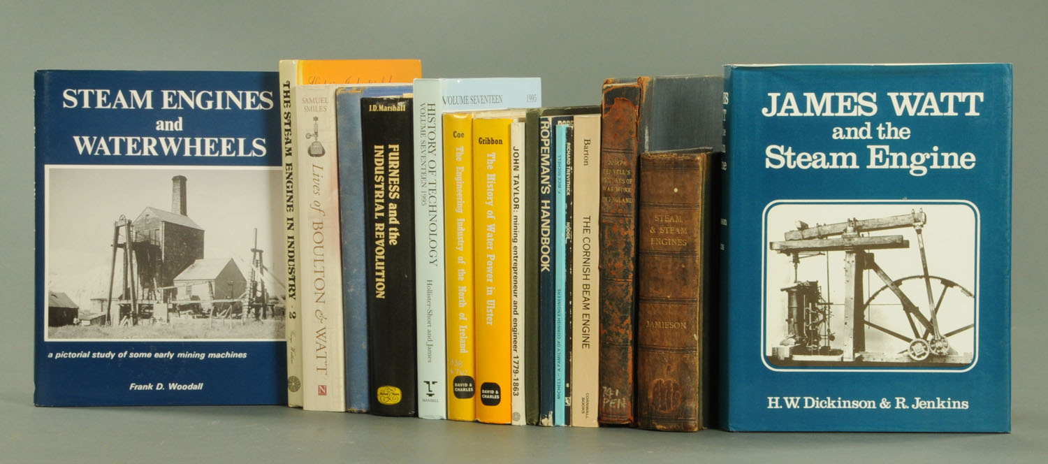A box of books on mining, mining equipment and techniques,