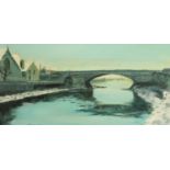 British 20th century, river scene with bridge, indistinctly signed, oil on board, 24 cm x 49 cm.