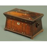 A 19th century rosewood sarcophagus tea caddy, with mother of pearl and white metal stringing,