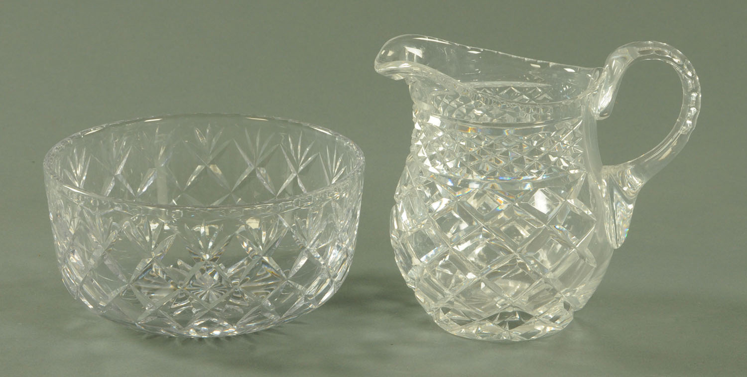 A Georgian style cut glass jug, and a Webb Corbett cut glass fruit bowl.