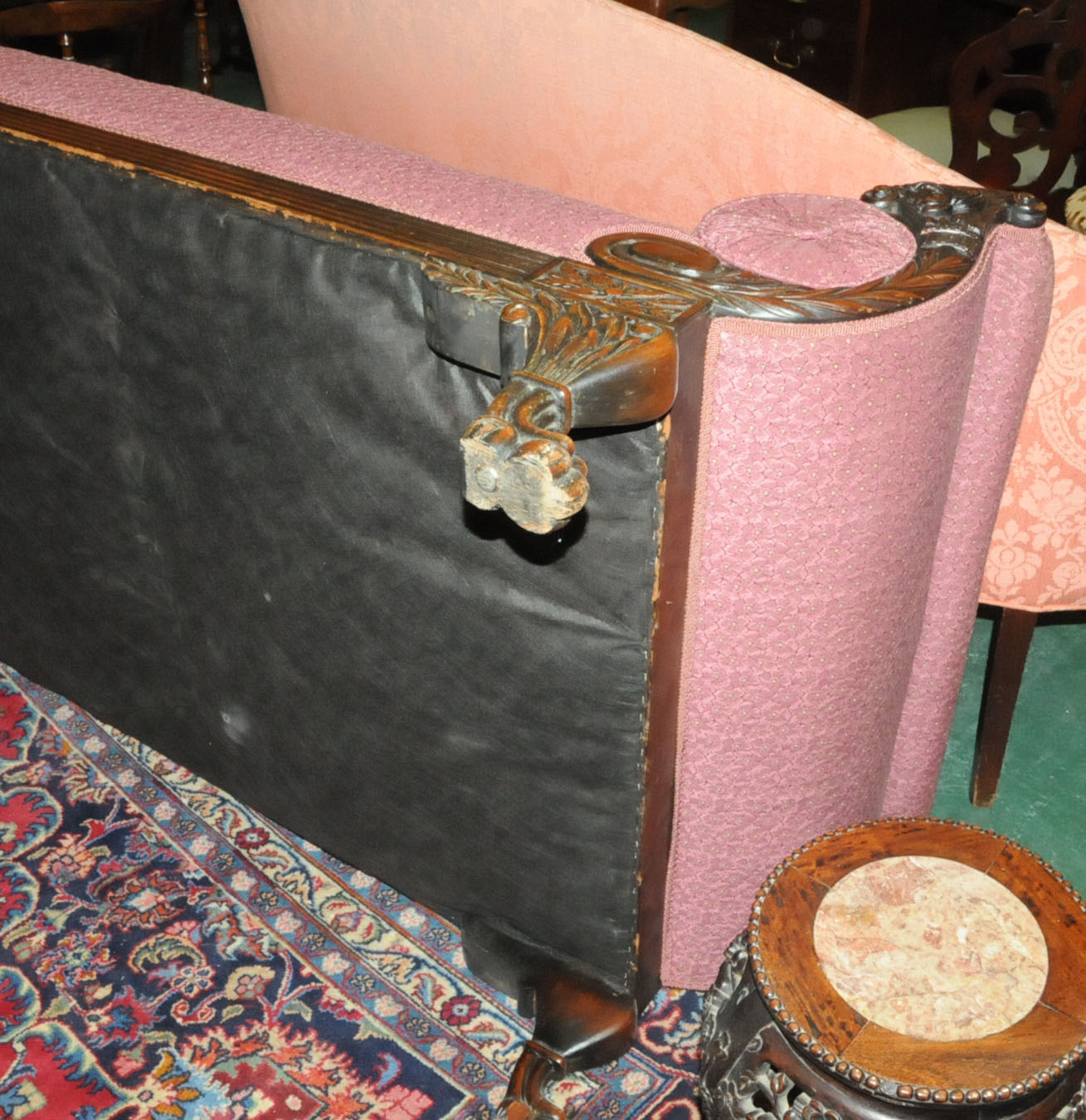 A 19th century mahogany daybed, with exposed cornucopia and foliate carved moulded showframe, - Image 4 of 12